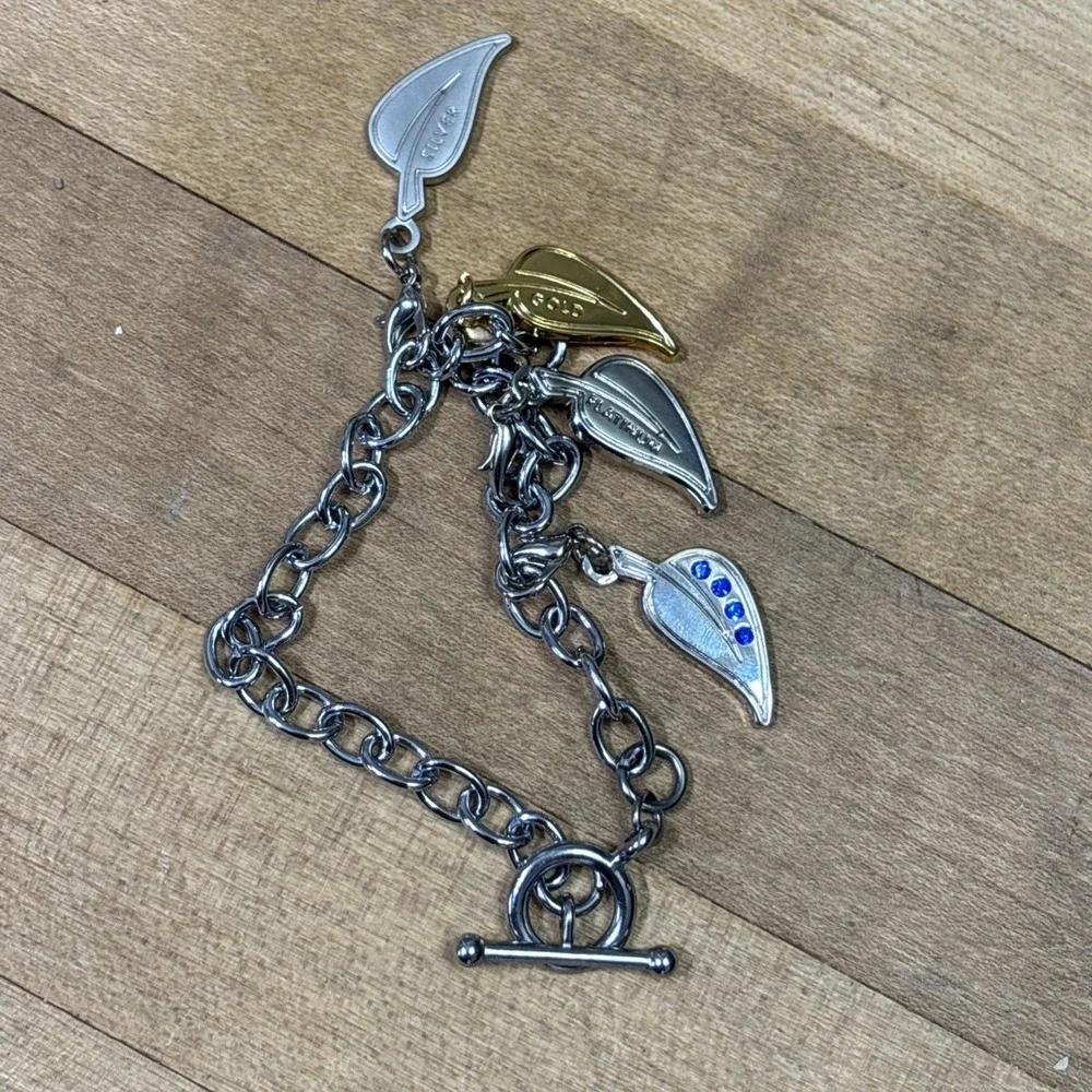 Y2K Silver Tone Link Charm Bracelet Mixed Metal Gold Tone Toggle Rhinestones